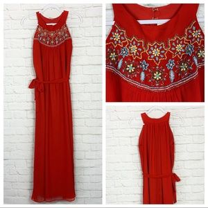 Sabine Beaded Sleeveless Belted Red Maxi Dress S